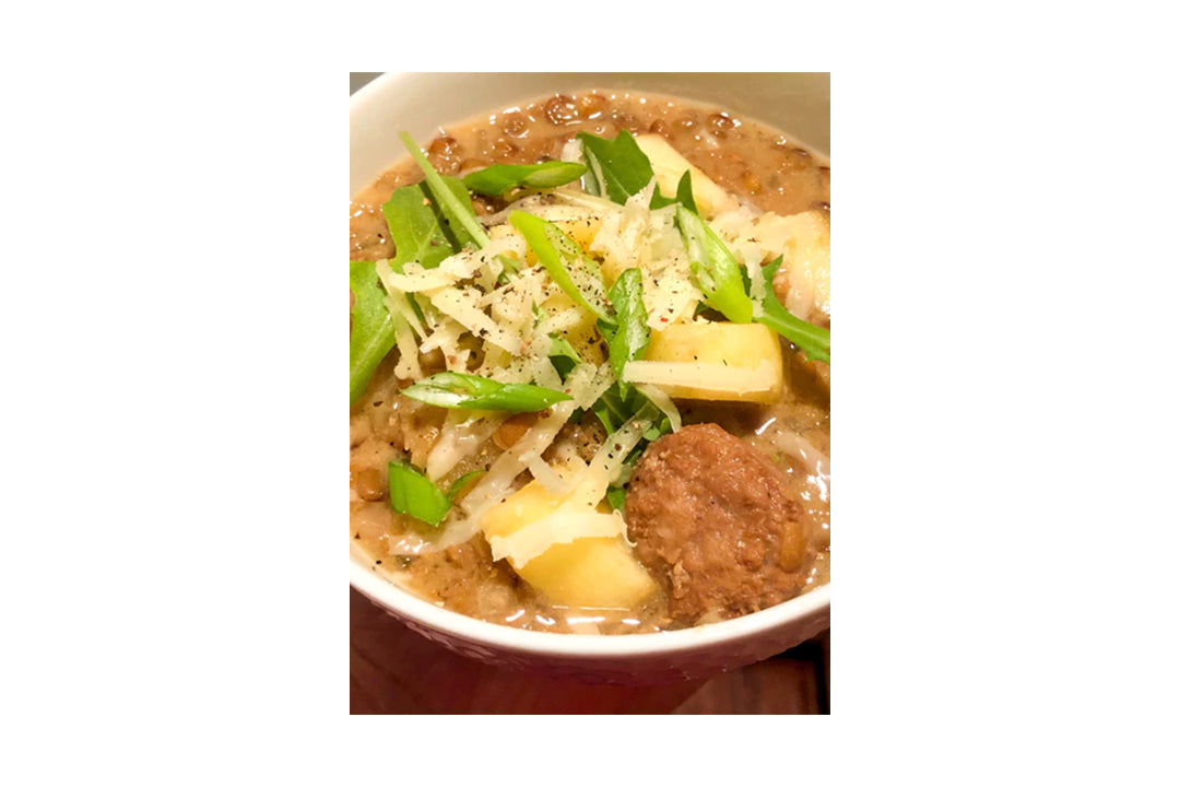 Lentil Soup with Kielbasa, Apples, and Arugula with Terrapin Ridge Farms Garlic Kraut Mustard Lentil Soup with Kielbasa, Apples, and Arugula with Terrapin Ridge Farms Garlic Kraut Mustard